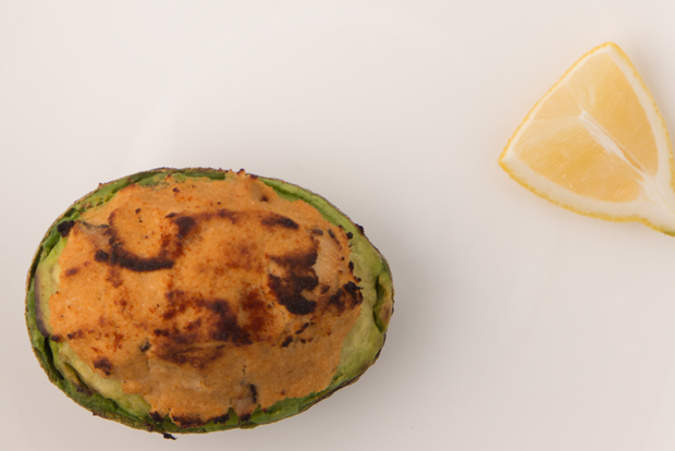 Japanese-style grilled avocado stuffed with okara