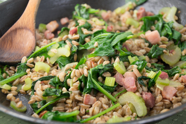 Farro with pancetta, spinach and celery