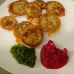 Eggplant fritters with beet dip