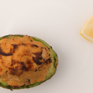 Japanese-style grilled avocado stuffed with okara